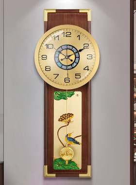 新中式实木客厅装饰挂钟带摇摆高档黄铜挂表禅意时钟轻奢挂墙时钟