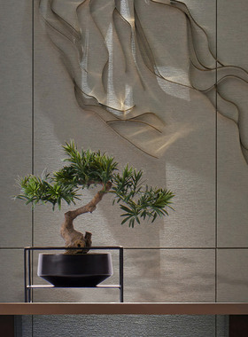 新中式仿真迎客松树摆件仿真花盆景样板房茶室盆栽玄关景观摆件