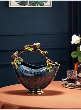 珐琅彩花瓶摆件提篮琉璃花瓶摆件水果篮高档客厅玄关电视柜装饰品