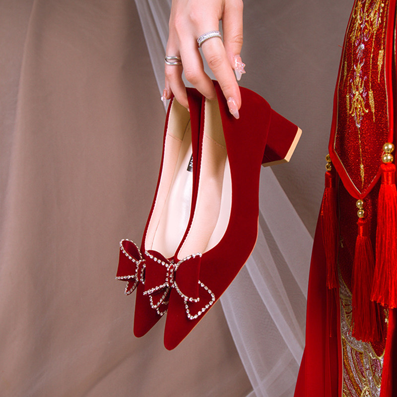 婚鞋女2025新款粗跟婚纱鞋结婚新娘鞋女秀禾服敬酒鞋子红色高跟鞋,淘宝优惠券,粉丝福利购,淘宝优惠卷