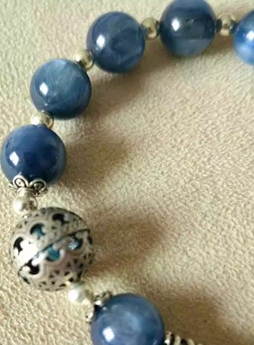 雕花镂空蓝晶石纯银手链女