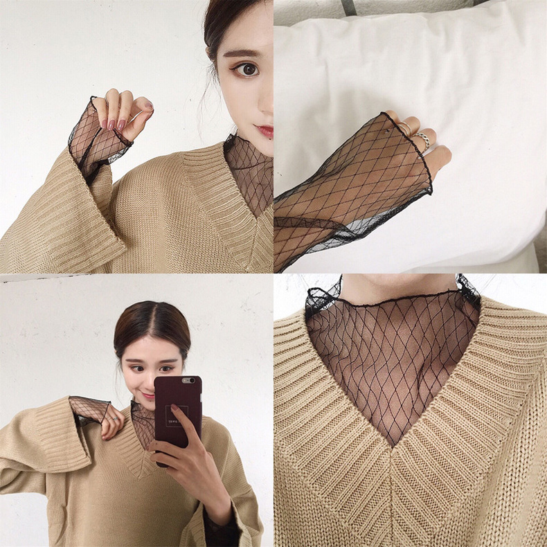 金曼丽莎时装大码黑色蕾丝打底衫女长袖打底网纱内搭上衣渔网镂空性感透明纱衣2