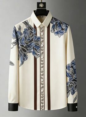 Men's Loose Natural Plant Rose Print Shirt Long Sleeve Lapel