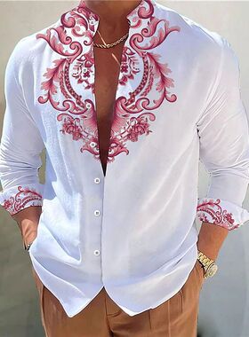 男士立领胸口印花长袖衬衫