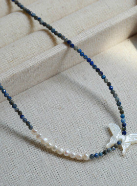 《庄生晓梦》新中式小众个性贝母蝴蝶天然淡水珍珠蓝色项链锁骨链