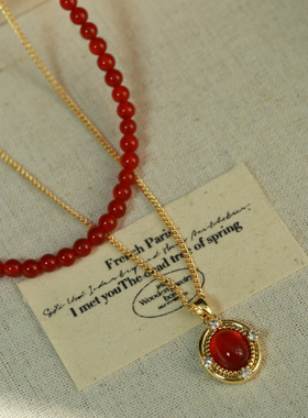 《时光美人》法式复古新年酒红玛瑙双层叠戴项链锁骨链轻奢高级女