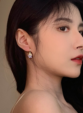 有点蓝甜美女紫色滴釉花朵耳环