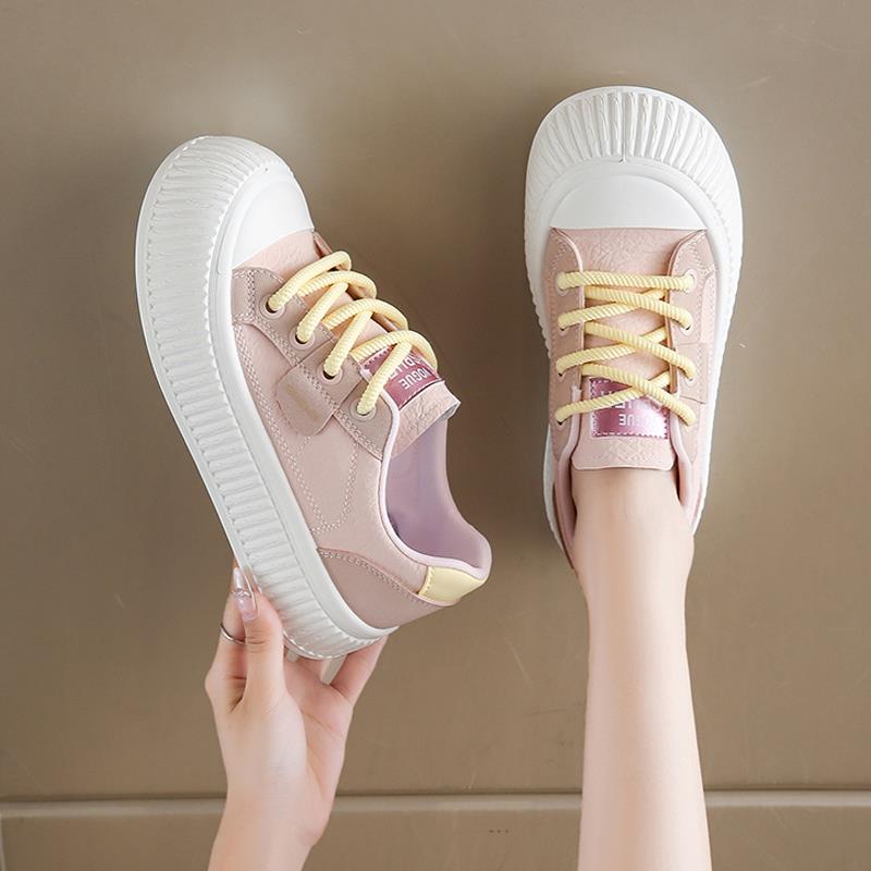 板鞋女款2025新款秋季皮面休闲运动鞋小众不撞款小白鞋厚底饼干鞋 - 图0