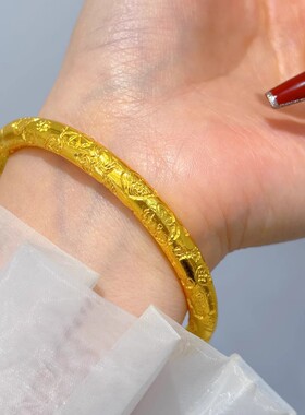 古法手镯实心闭口黄金色錾刻镯子