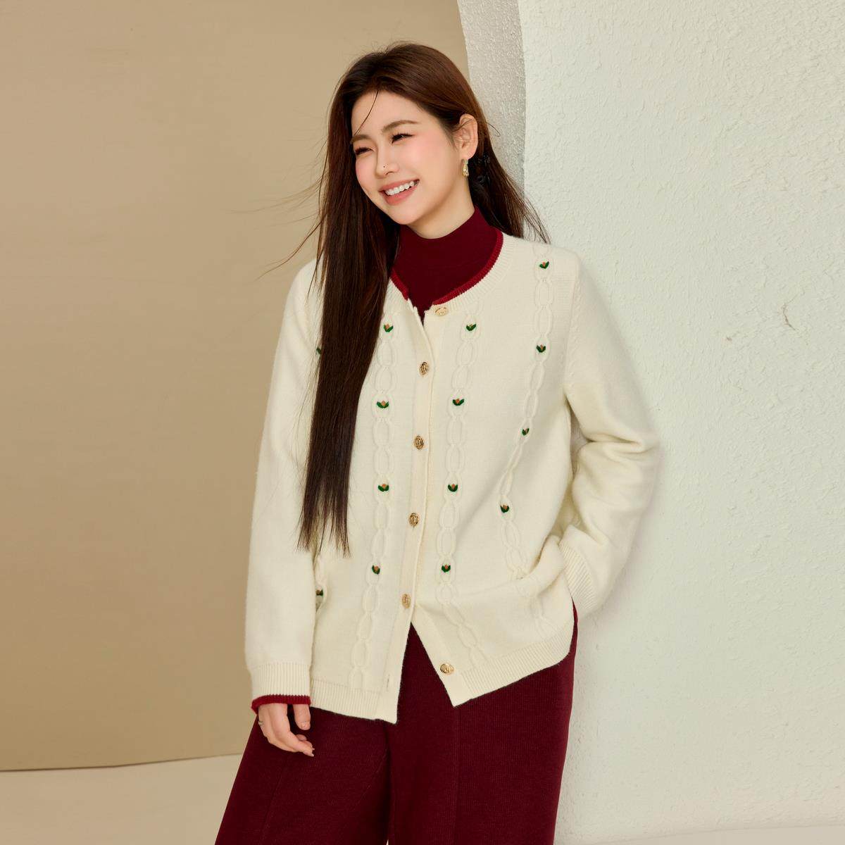 【温柔减龄少女感圆领开衫毛衣】纤莉秀大码女装胖mm2025春装新款,淘宝优惠券,粉丝福利购,淘宝优惠卷