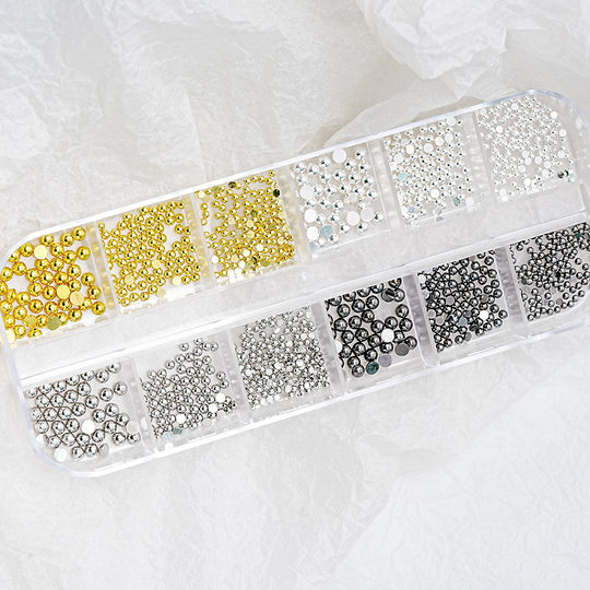 半圆钢珠金属铆钉12格日式美甲大小金银灰黑色复古合金实心饰品盒