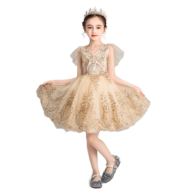 儿童晚礼服公主裙女童生日金色小女孩婚纱舞台钢琴演出服表演夏季,淘宝优惠券,粉丝福利购,淘宝优惠卷