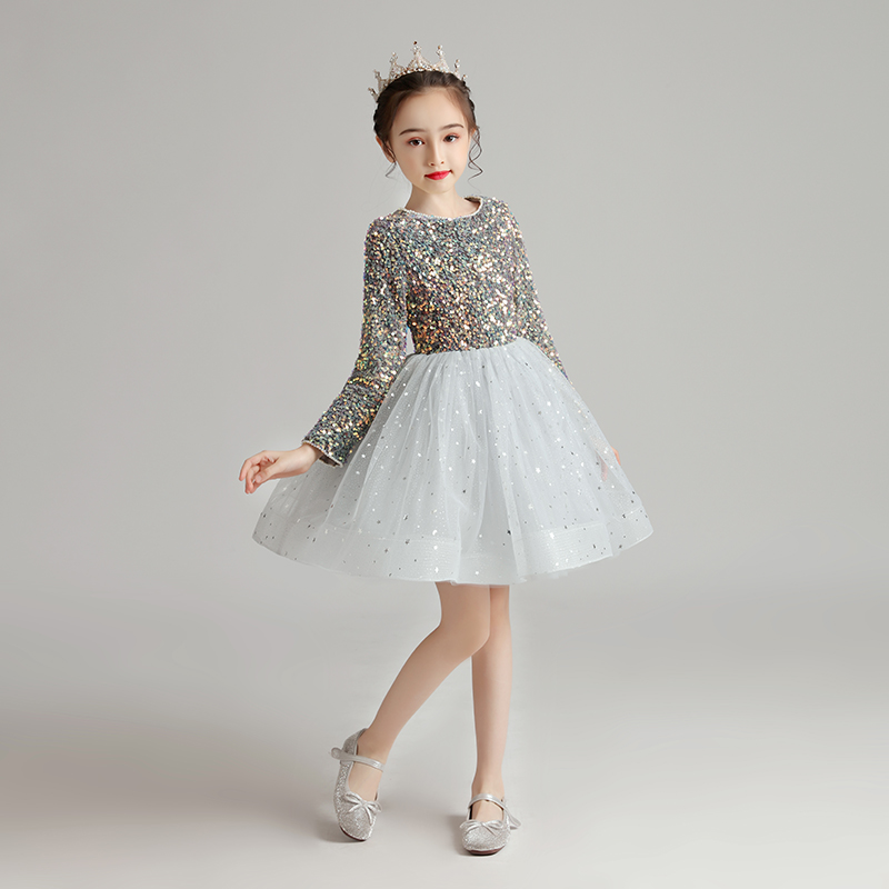 儿童礼服公主裙女童生日长袖小女孩花童婚纱主持人钢琴演出服秋冬 - 图1