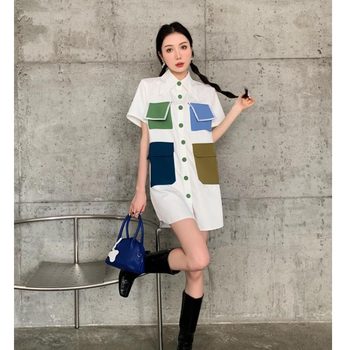 ລະດູຮ້ອນປີ 2023 Retro French Contrast Color Multi-Pocket Mid-Length White Shirt Skirt Square Neck Dress