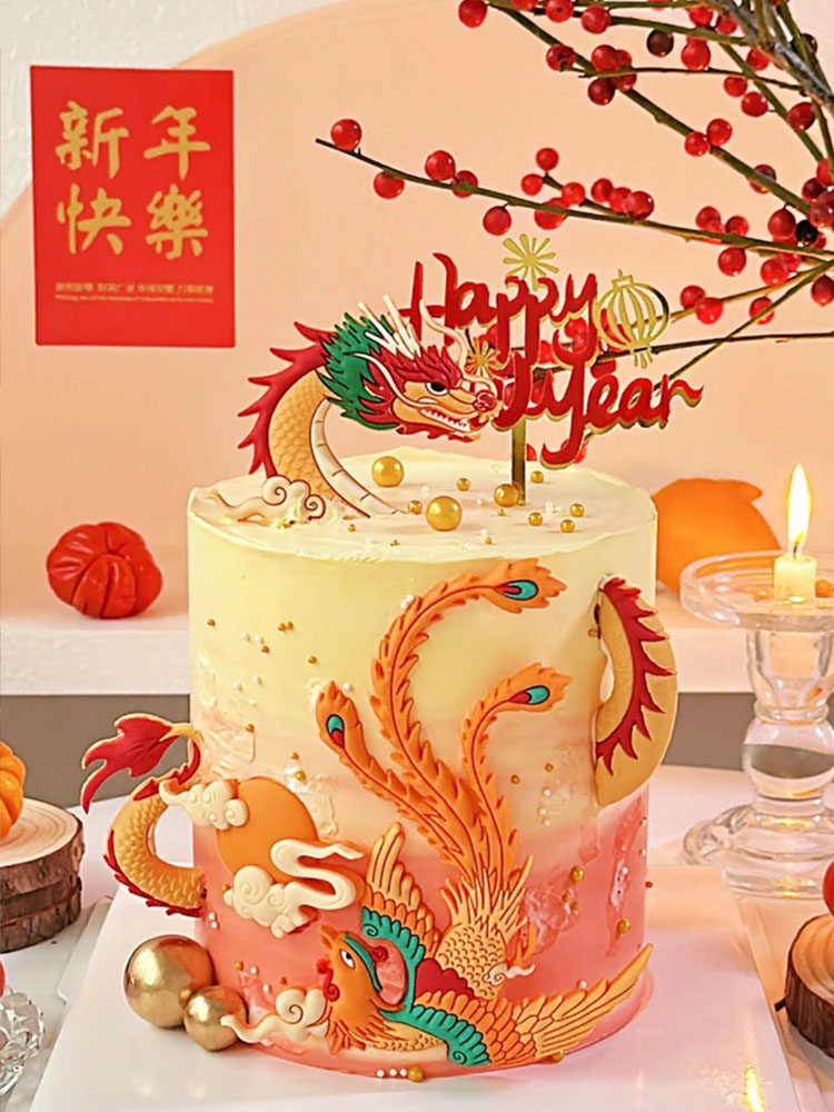 中国风新年蛋糕装饰摆件软胶飞龙在天龙凤呈祥跨年龙年插件