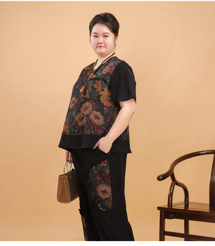 2024 Summer New Style Fat Old Lady Plus Size Simulated Silk Top + Pants Set 200 Jin Fat Person Clothes