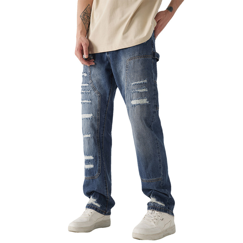 美式高街工装破洞补丁牛仔裤男宽松直筒春秋季拼接休闲长裤子潮流,淘宝优惠券,粉丝福利购,淘宝优惠卷