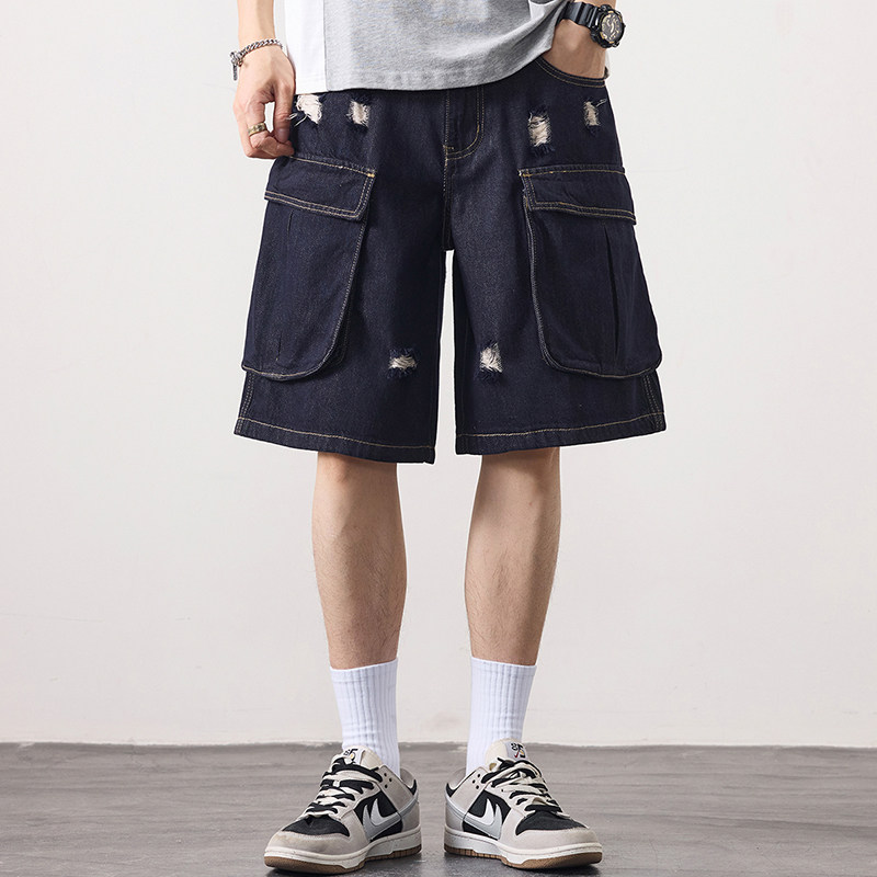 美式复古工装破洞牛仔短裤男莱赛尔天丝阔腿五分裤宽松直筒中裤子,淘宝优惠券,粉丝福利购,淘宝优惠卷