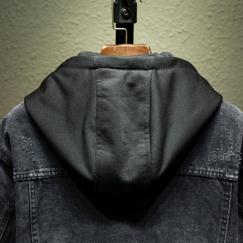 冬季黑色牛仔外套男士连帽夹克加厚棉衣宽松休闲百搭工装上衣流行,淘宝优惠券,粉丝福利购,淘宝优惠卷