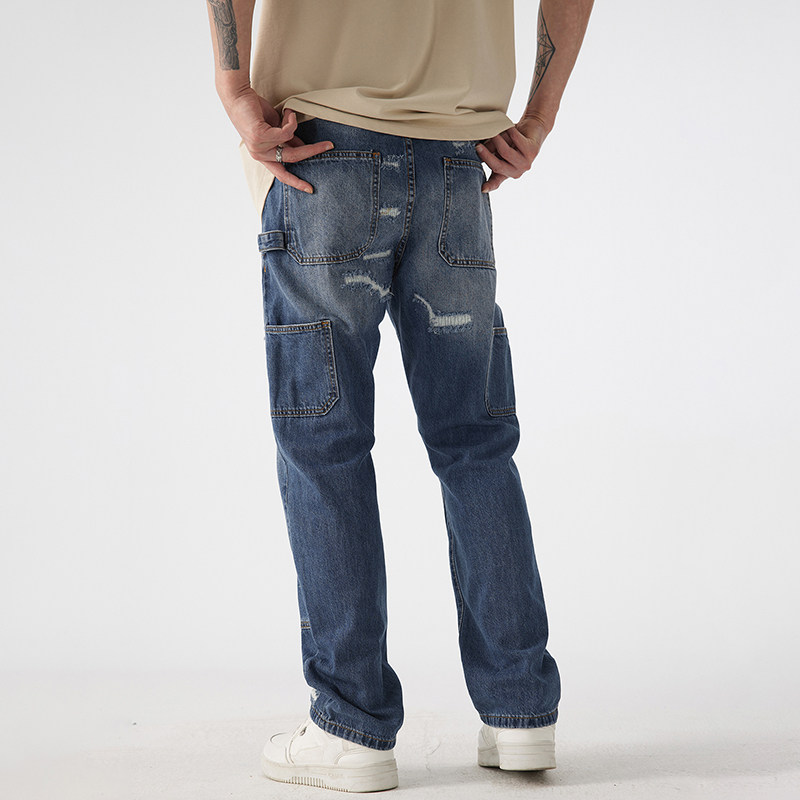 美式高街工装破洞补丁牛仔裤男宽松直筒春秋季拼接休闲长裤子潮流,淘宝优惠券,粉丝福利购,淘宝优惠卷