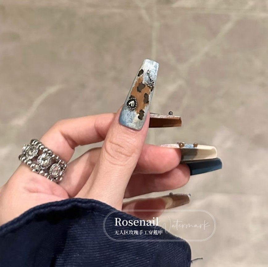 豹纹牛仔KT甜酷辣妹风穿戴甲长款美甲复古风手绘可拆卸假指甲536,淘宝优惠券,粉丝福利购,淘宝优惠卷