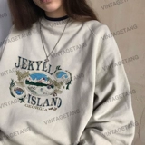 Vintagetang American Retro Ancient Khaki Color делает старый изготовленный с ручьем круглое шею женский топ -три D D