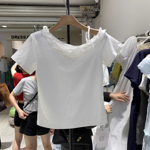 2025新款爆款炸街独特漂亮上衣设计感小众红色木耳边斜肩t恤女夏 - 图3