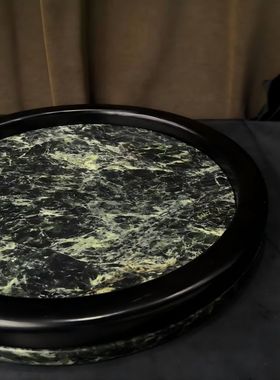 中古风简约天然奢石实木高级托盘样板间售楼处小众石材实木收纳盘