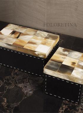 现代轻奢简约天然黄洞石皮革首饰盒样板间高端别墅台面收纳盒摆件