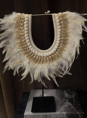 中古风印尼进口羽毛贝壳原创装饰品几何摆件样板间复古贝壳艺术品