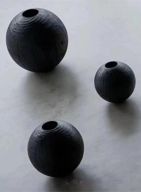 复古新中式原生态碳化木创意花瓶摆件样板间侘寂风实木花瓶装饰品