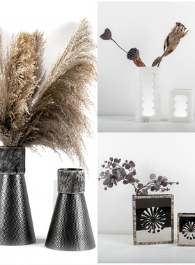 现代轻奢极简意式西班牙云石花器样板间桌面天然马毛不锈钢花瓶