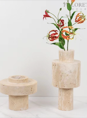 现代轻奢简约天然黄洞石几何异形花器样板间茶几台面云石花瓶摆设