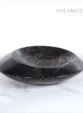 现代轻奢简约大理石几何圆形创意果盘样板间茶几天然洞石收纳盘