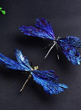 天然黑碧玺晶石彩色蜻蜓创意摆件样板间茶几床头柜蓝色晶石装饰品