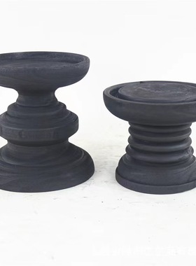 侘寂风复古原生态碳化木几何烛台摆设样板间新中式实木创意烛台