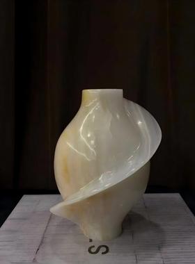 中古风复古风天然玉石创意花器摆设样板间售楼处石材白玉花瓶摆设