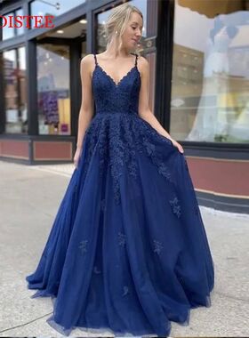 Lace Navy Blue V-neck Vestidos De Fiesta Noche Prom Party Ev