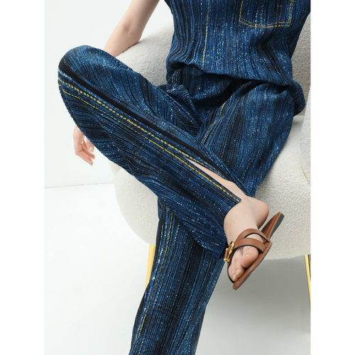 【3件5折】COCOBELLA重工压褶印花直筒裤宽松休闲长裤PA921 - 图1