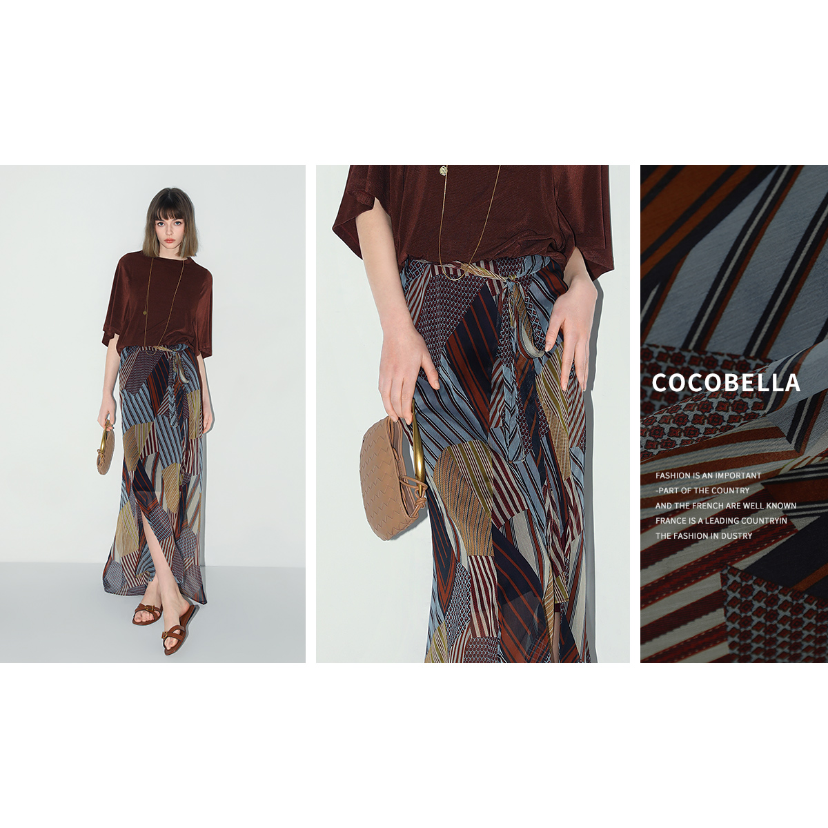 预售COCOBELLA几何波普印花雪纺半身裙度假风开叉飘逸长裙HS0012 - 图0