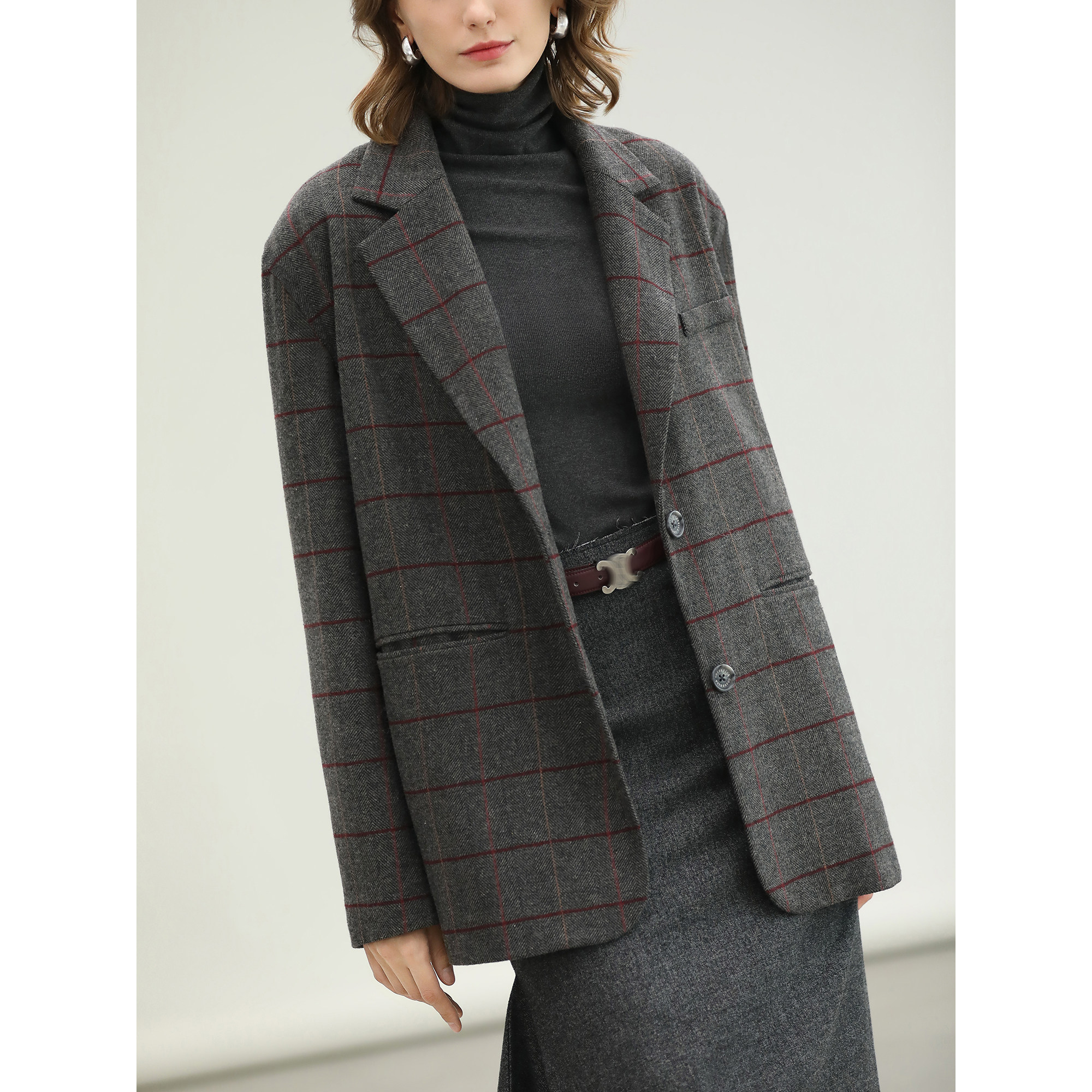 COCOBELLA复古人字纹格子西装女秋冬通勤微廓西服外套SI7002,淘宝优惠券,粉丝福利购,淘宝优惠卷