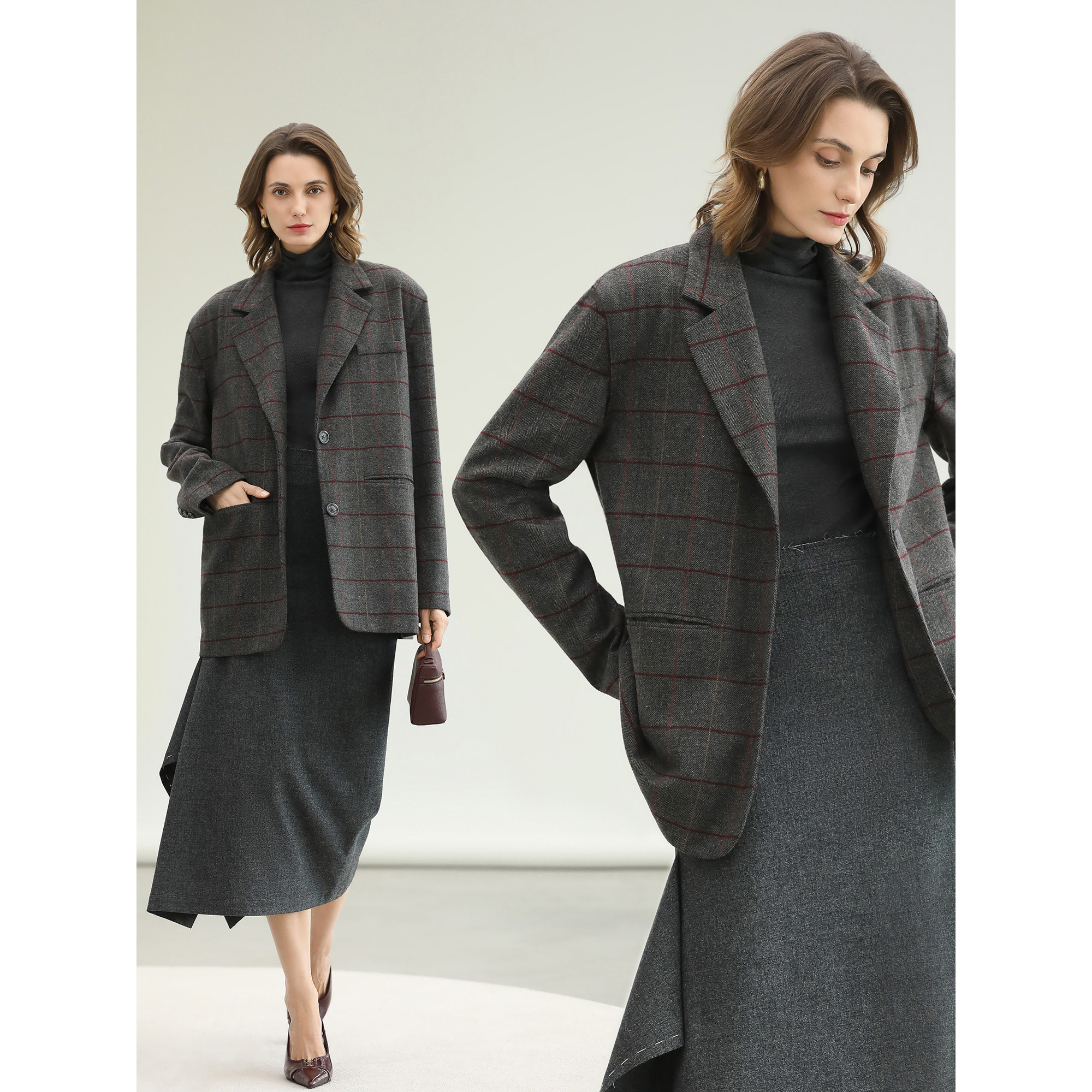 COCOBELLA复古人字纹格子西装女秋冬通勤微廓西服外套SI7002,淘宝优惠券,粉丝福利购,淘宝优惠卷