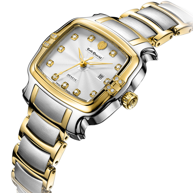 瑞士艾米龙官方正品明珠系列镶钻间金钢带机械女表