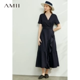 Amii Минималистичное платье, длинная черная длинная юбка, французский стиль, V-образный вырез, А-силуэт