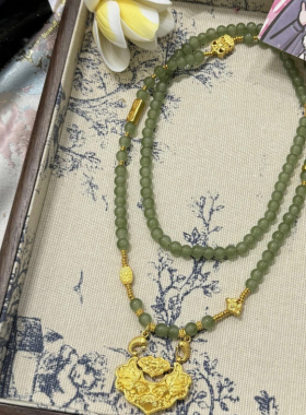 古法鉴刻锦鲤如意锁碧绿圆珠项链2024年新款古典气质平安锁毛衣款