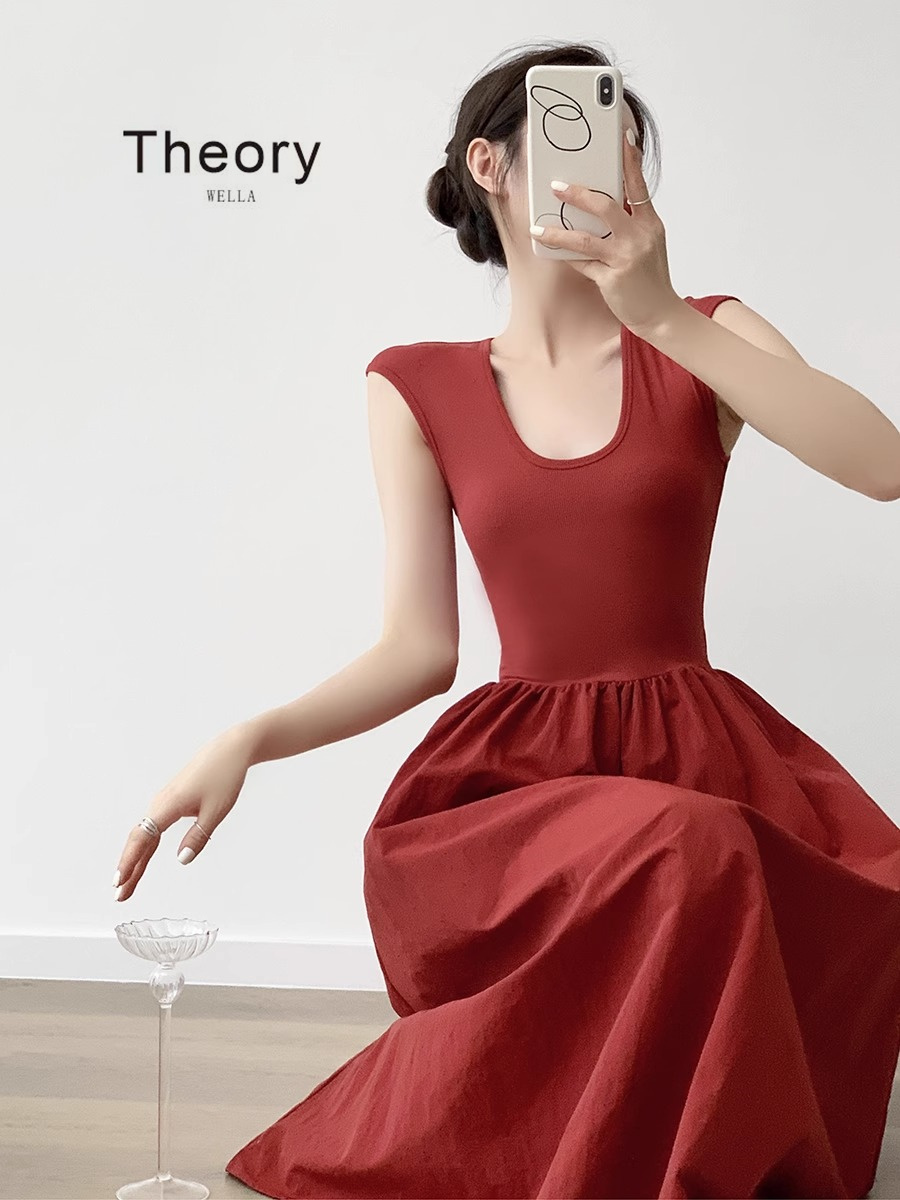 Theory wella 红色连衣裙女夏季新款法式收腰气质高级感伞裙长裙