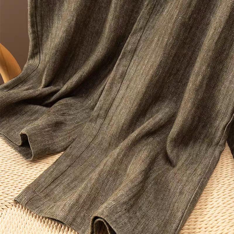 2025春新款简约百搭法G亚麻+棉人字纹松紧腰直筒阔腿裤trousers女 - 图2