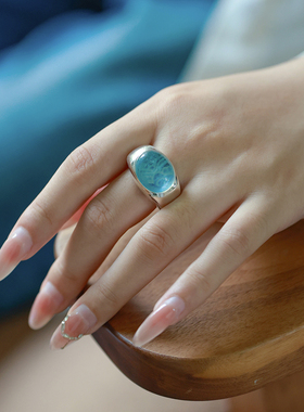 和合大仙人 原创设计自制 清泉石上流 S925银 极简海蓝宝开口戒指