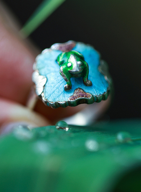 和合大仙人 清代古董孤品 听取蛙声一片 呱呱来财老银珐琅开口戒