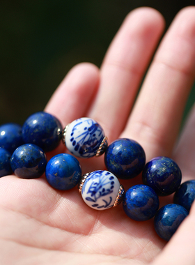 和合大仙人 罕见手绘古董青花瓷珠虾戏图 原创天然老矿青金石手串